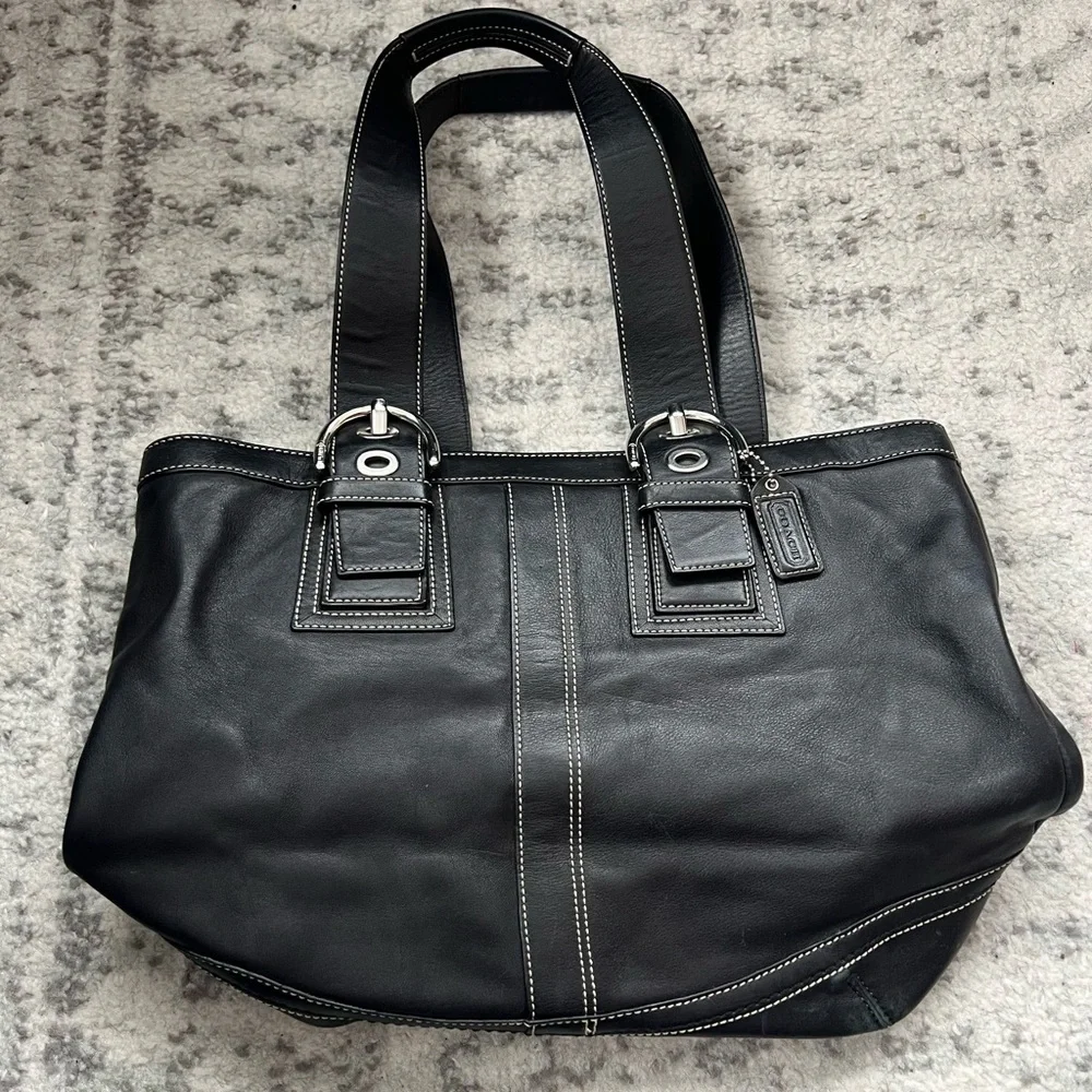 Coach Black Leather Tote with White Stitching